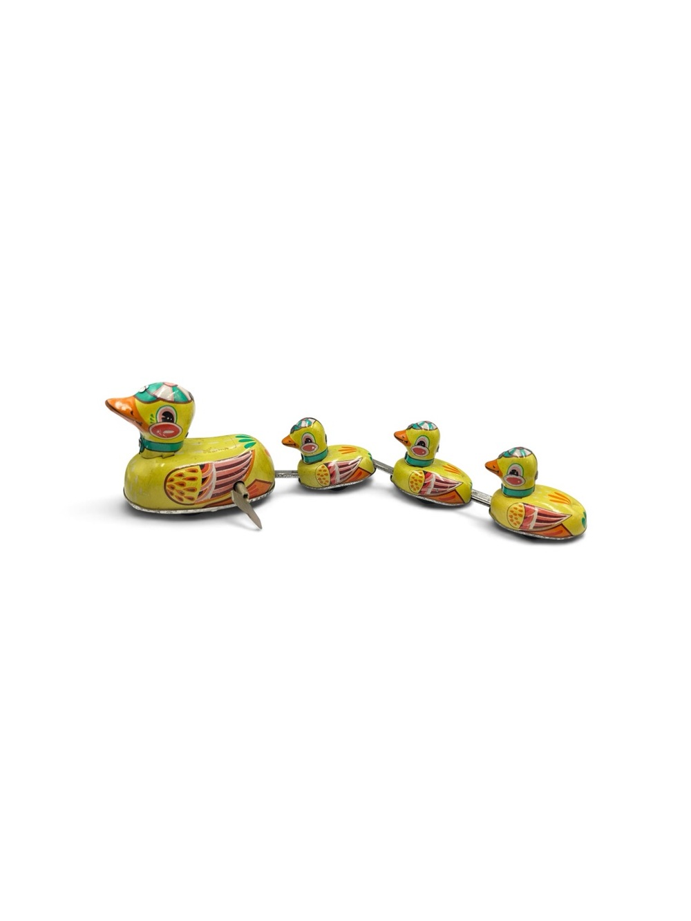 Vintage 1970s Tin Litho Wind Up Duck Family Toy Mother & 3 Ducklings Working